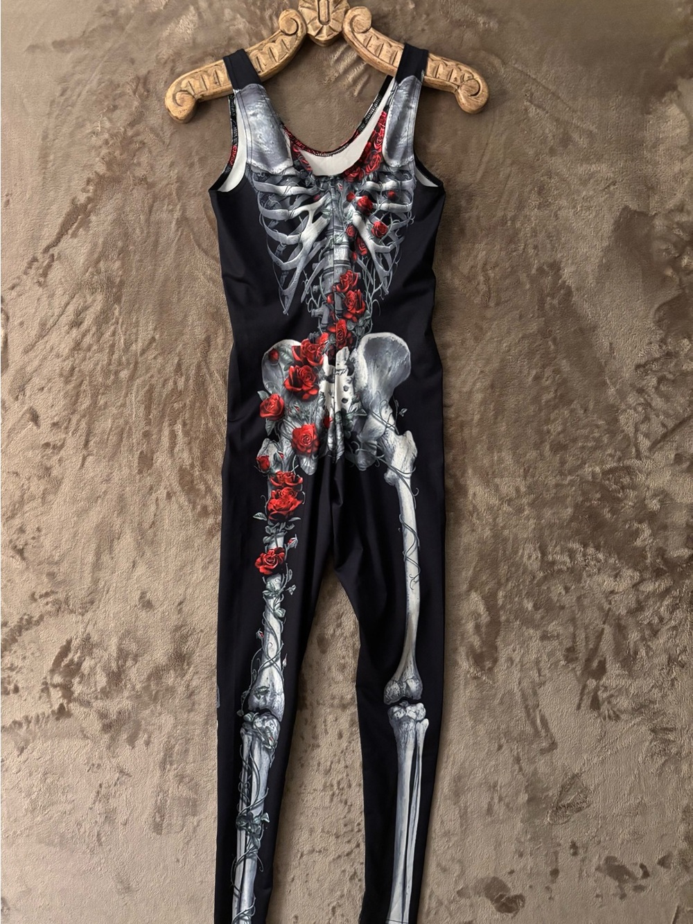 Women’s Black Skeleton Jumpsuit Bones & Red Roses Halloween Costume Size S - Picture 5 of 7